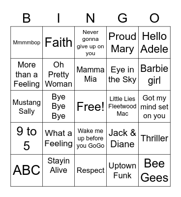 Rock n Roll Bingo Card