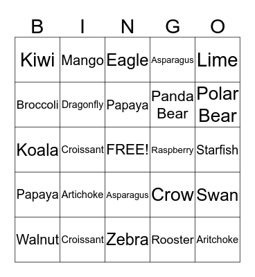 Fruits/Vegetables/Animals Bingo Card