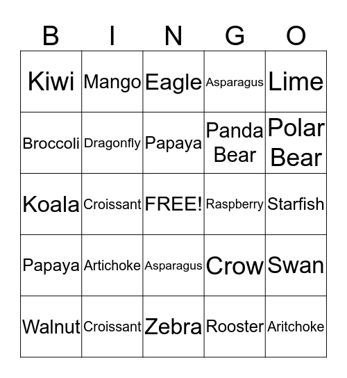 Fruits/Vegetables/Animals Bingo Card