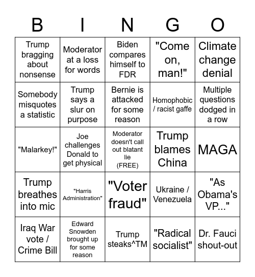 Presidential Debate 2020 Bingo Card