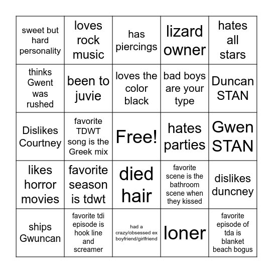 Gwuncan Fan Bingo Card