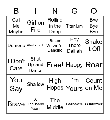 Pop Songs Bingo Card