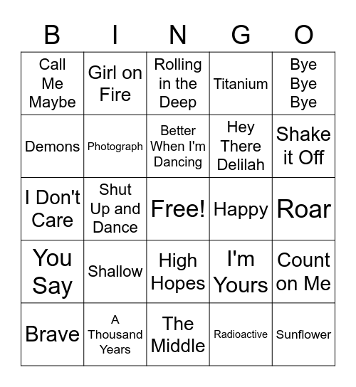 Pop Songs Bingo Card