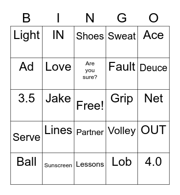 Tennis Fun Bingo Card