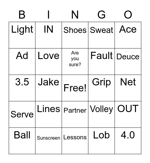 Tennis Fun Bingo Card