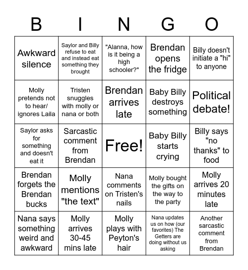 O'Brien Family Bingo Card