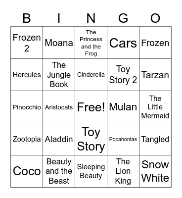 Disney Songs Bingo Card