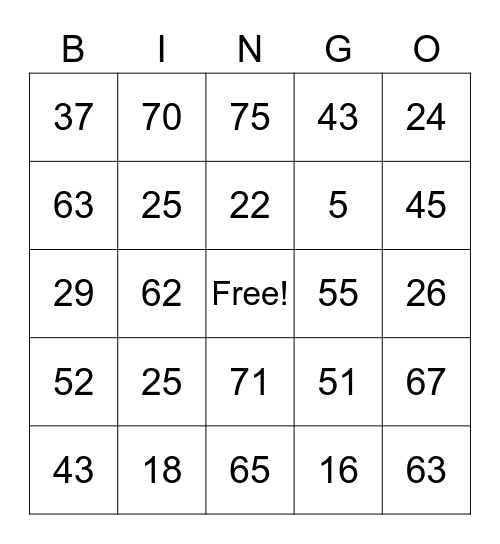 1-75 Bingo Card