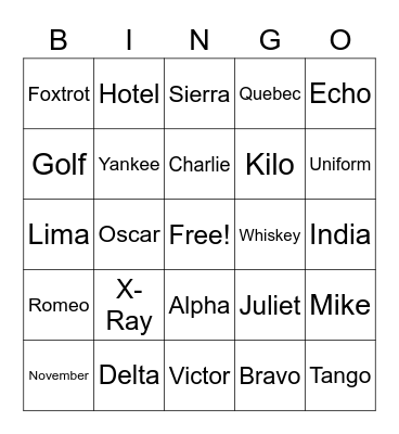 Phonetic Alphabet Bingo Card