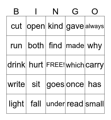 Dolch Words 190 - 160 Bingo Card