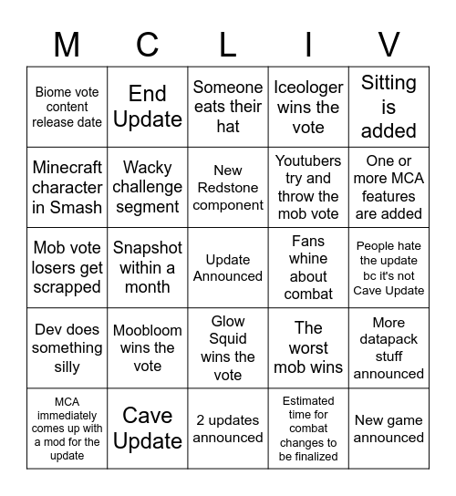 Minecraft Live Bingo Card