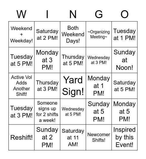 RESHIFTS! Bingo Card