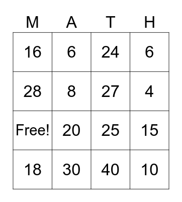 Multiplication Bingo Card