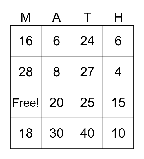 Multiplication Bingo Card