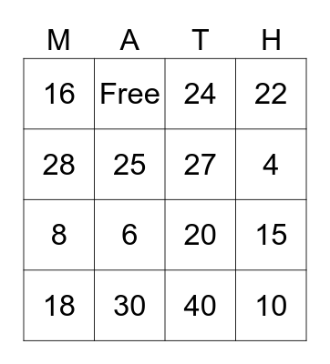 Multiplication Bingo Card