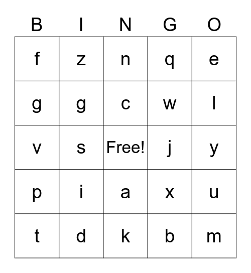 lowercase letters Bingo Card