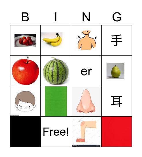 fruit ,colors, body parts Bingo Card