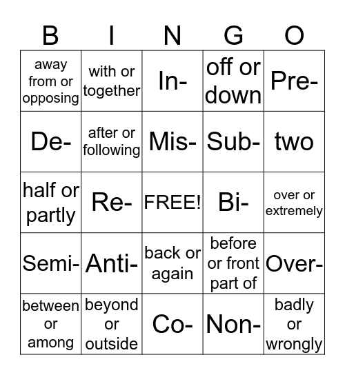 Prefix Bingo Card