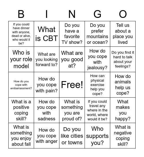 Coping Skills Bingo Card