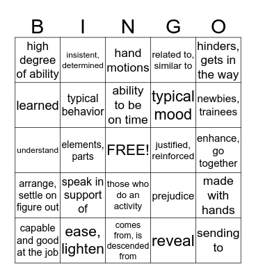 Vocabulary Bingo Card