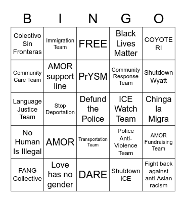 AMOR Umbrella Groups/Efforts Bingo Card