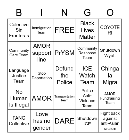 AMOR Umbrella Groups/Efforts Bingo Card