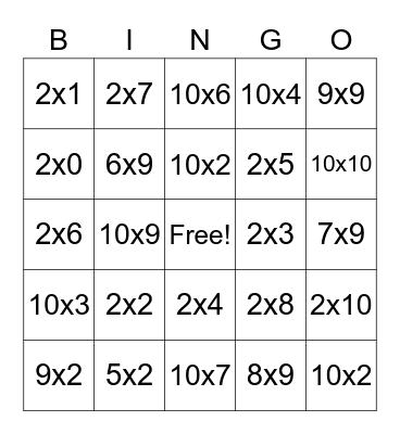 Multiplication Bingo Card