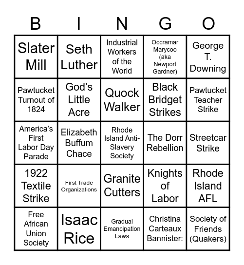 Rhode Island Labor History Bingo Card