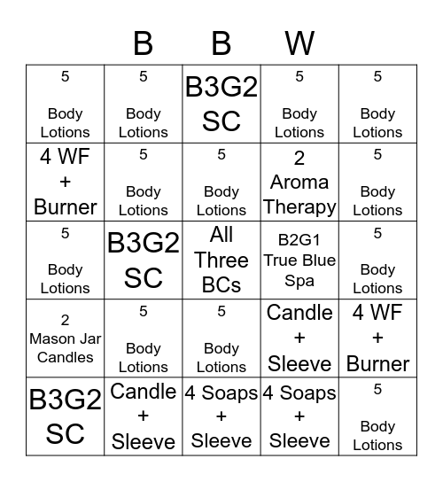 Body Lotion Bingo!! Bingo Card