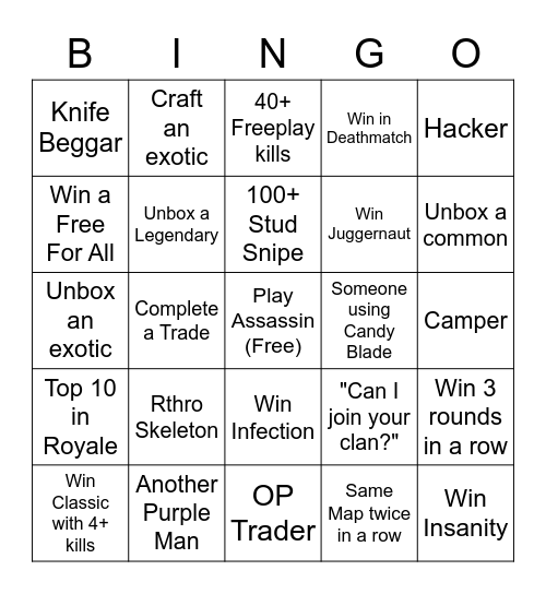 Roblox Assassin Bingo Card