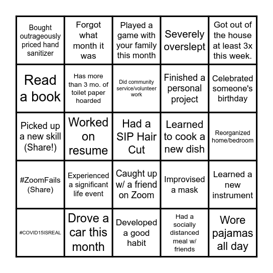 SHELTER-IN-PLACE BINGO Card