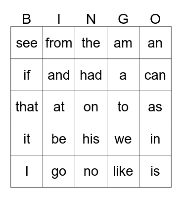 SIGHT WORDS Bingo Card