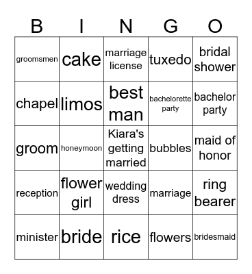 Kiara's Denim and Diamonds Bridal Shower Bingo Card