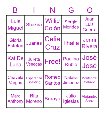 Central & South American Singers Bingo Card