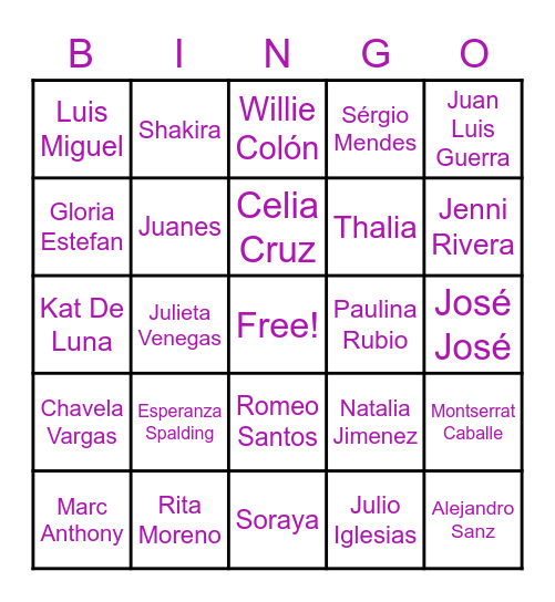 Central & South American Singers Bingo Card