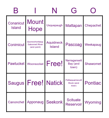 Rhode Island/MA Places & Indigenous Names Bingo Card