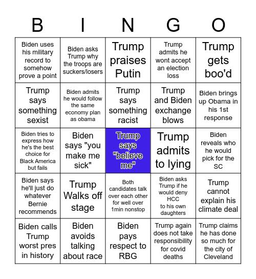 First Presidential Debate Bingo Card