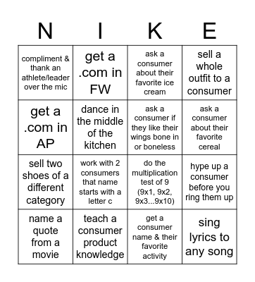 NIKE Bingo Card