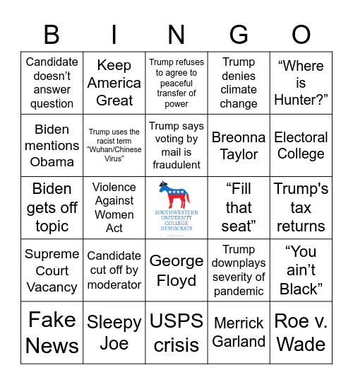 Sept. 2020 Debate Bingo Card