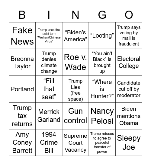 Sept. 2020 Debate Bingo Card