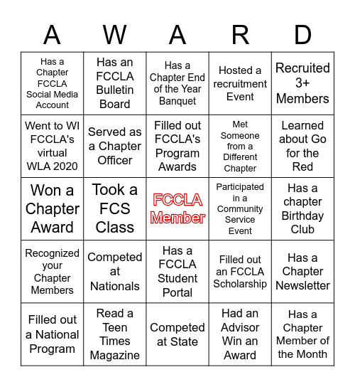 FCCLA Membership Recognition Award Bingo Card