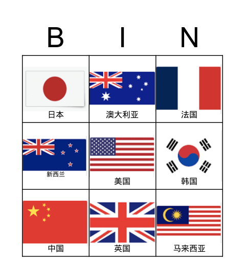 countries 国家 Bingo Card