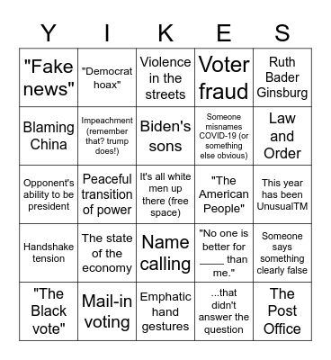 September 29 Presidential Debate Bingo Card