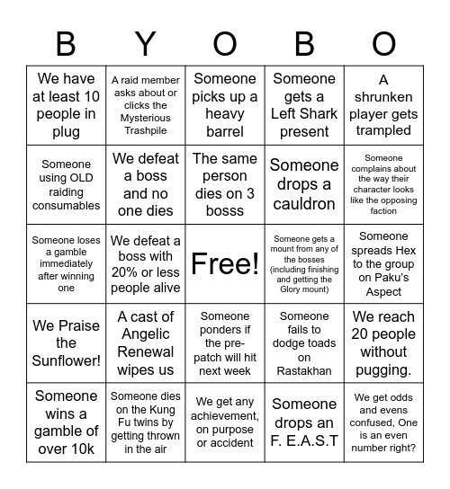 BYOB-O Bingo Card