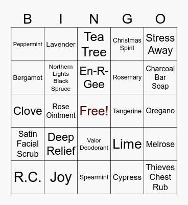 Oily Bingo Card