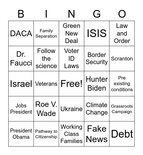 2020 Presidential Debates Bingo Card