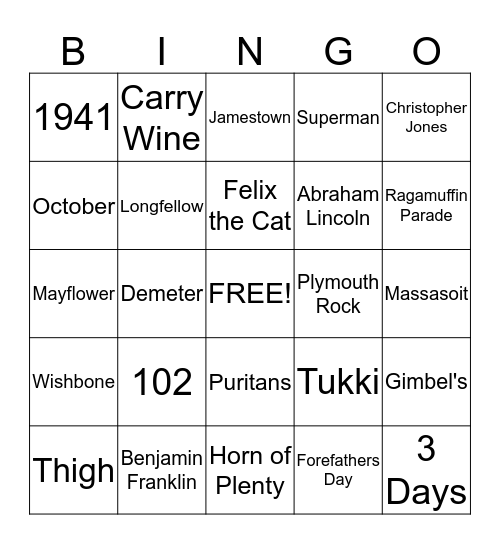 Thanksgiving Trivia Bingo Card