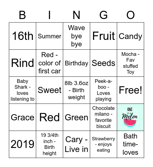 🍉🍉Mia is ONE in a Melon🍉🍉 Bingo Card