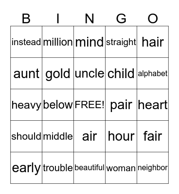 2nd Tri Words Bingo Card