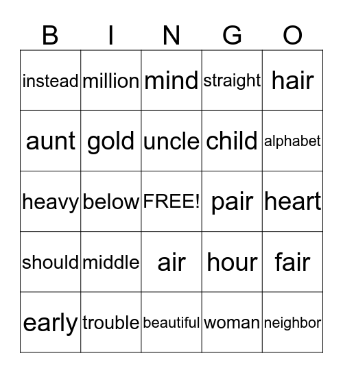 2nd Tri Words Bingo Card